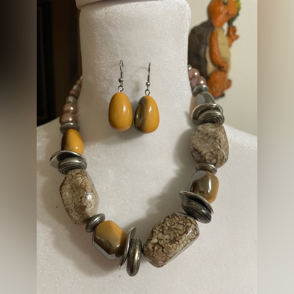 paparazzi NWT Necklace Earring Bead Stone Brown Silver